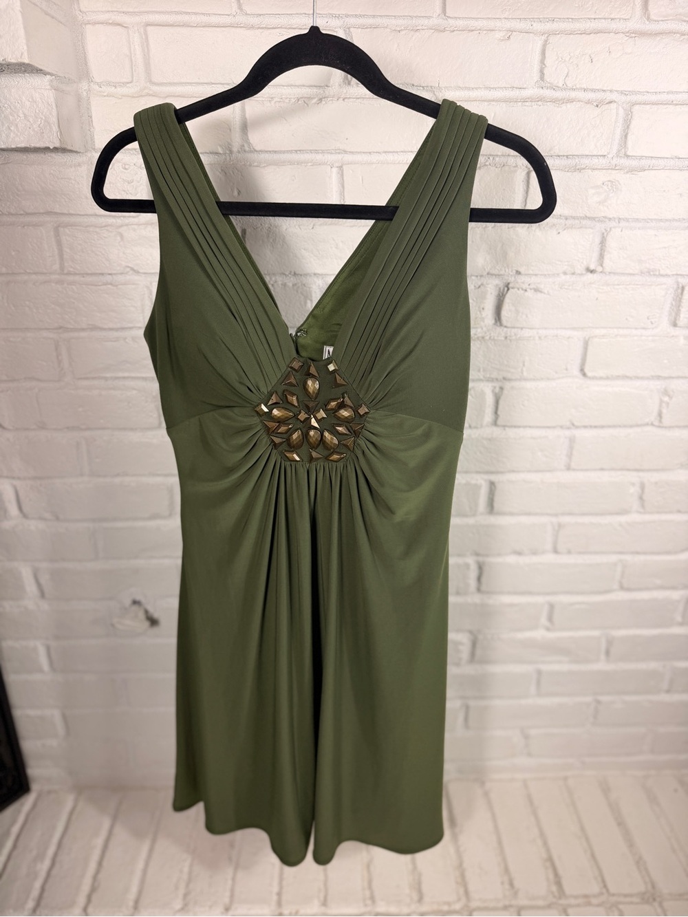 NW Collections Y2K Olive Green Cocktail Dress Size 4 Embellished Ruched - Picture 1 of 7